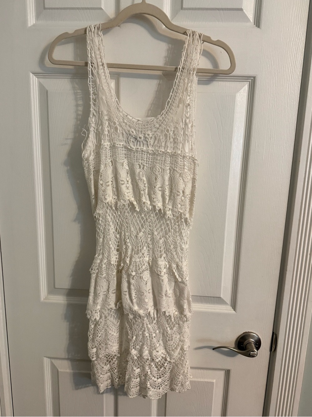 VENUS Cream Crochet Tiered Mini Dress-Lined